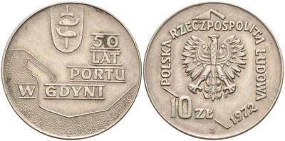 Польша 10 злотых 1972 MW, 50 лет морскому порту в Гдыне KM 65 медно-никель 4517-325