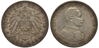 Пруссия 5 марок 1913 Вильгельм II в мундире KM 536, J.114 серебро 3711-424