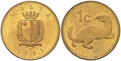 Мальта 1 цент 1991 ласка, горностай KM 93 никель латунь 4585-1217
