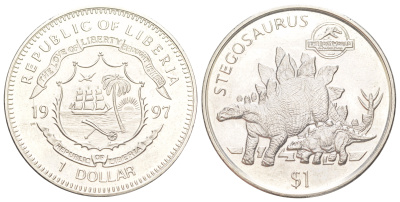 Либерия 1 доллар 1997 Парк Юрского периода - Стегозавр KM 324 медно-никель BU 4044-321