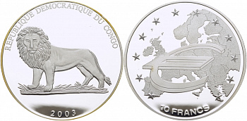 Конго 10 франков 2003 Евросоюз Schoon 177 серебро PROOF 1077-3-22