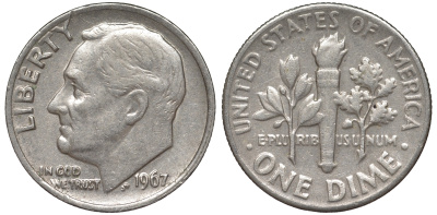 США 10 центов (дайм) 1967 Рузвельт KM 195a медь плакированная медно-никелем 4549-413