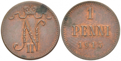 РОССИЯ ДЛЯ ФИНЛЯНДИИ 1 ПЕННИ 1915 НИКОЛАЙ II KM 13, Биткин 475 медь 4396-1463