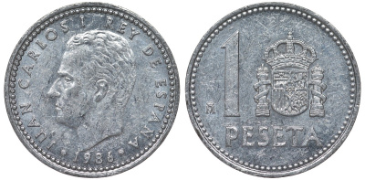 Испания 1 песета 1986 M, Хуан Карлос I (1975-2014) KM 821 алюминий 4128-1036