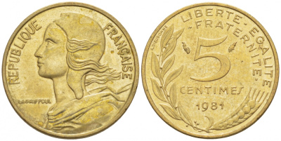 ФРАНЦИЯ 5 САНТИМОВ 1981 ТИП MARIANNE KM 933 медь алюминий никель 112-833