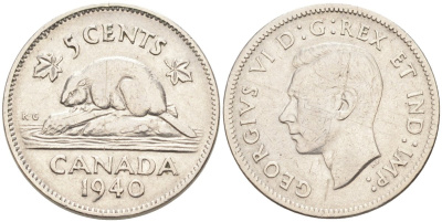 Канада 5 центов 1940 бобр, Георг VI (1937-1952) KM 33 никель 4575-1155