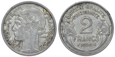 Франция 2 франка 1959 KM 886а.1, Le Franc 269.19 алюминий 4123-415