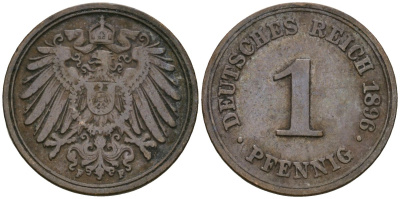 Германия 1 пфенниг 1896 F, Вильгельм II (1888-1918) KM 10, J. 10 медь 4608-213