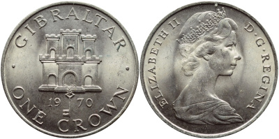 Гибралтар 1 крона 1970 Елизавета II (1952-2022), старый замок KM 4 медно-никель UNC 74-721