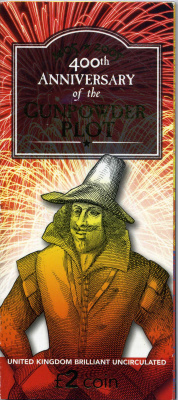 Великобритания 2 фунта 2005 Елизавета II (1952-2022), 400 лет ночи Гая Фокса (Пороховому заговору), в оригинальном картонном буклете KM 1052, Spink 4579 (K18) биметалл BUNC 00-00