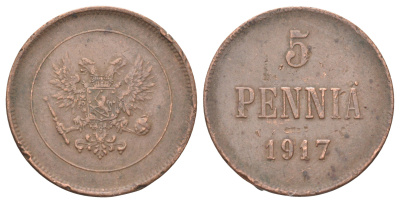Россия для Финляндии 5 пенни 1917 временное правительство (03.1917-10.1917), без короны Биткин GSF4 медь 4707-732