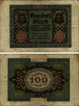 Германия 100 марок 1920 Бамбергский всадник, 8 цифр в номере, серия M, буква V Pick 69 b, Розенберг 69b бумага 6318-18-1-1