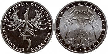 ФРГ 5 марок 1978 F, 225 лет со дня смерти Бальтазара Неймана KM 148, J.423 серебро PROOF 1520-1332