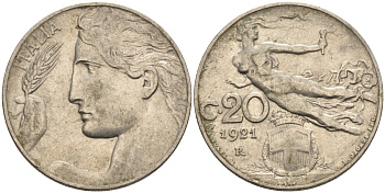 Италия 20 чентезимо 1921 R, Виктор Эммануил (1900-1946) KM 44 никель 4116-1253