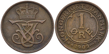 ДАНИЯ 1 ЭРЕ 1909 VBP; GJ, ФРЕДЕРИК VIII KM 804 бронза 100-245