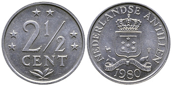 Нидерландские Антилы 2 1/2 цента 1980 Беатрикс (1980-2013) KM 9а алюминий UNC 4610-746