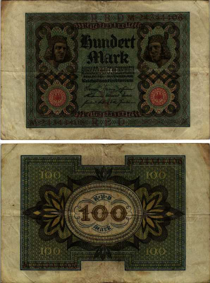 Германия 100 марок 1920 Бамбергский всадник, 8 цифр в номере, серия M, буква V Pick 69 b, Розенберг 69b бумага 6318-18-1-1