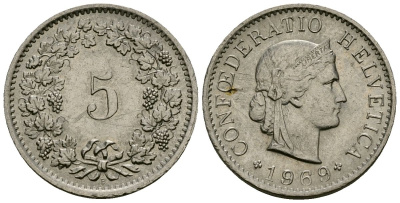 Швейцария 5 раппенов 1969 KM 26 медно-никель 4173-1052