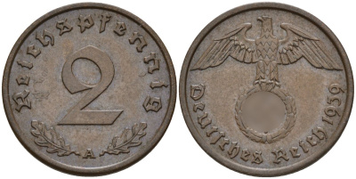 Германия 2 рейхспфеннига 1939 A KM 90, J. 362 бронза 4151-127