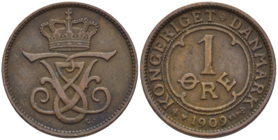 ДАНИЯ 1 ЭРЕ 1909 VBP; GJ, ФРЕДЕРИК VIII KM 804 бронза 100-245