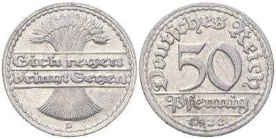 Германия 50 пфеннигов 1922 D KM 27 алюминий aUNC 31-434