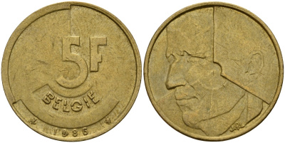 Бельгия 5 франков 1985 Belgie KM 164 алюминиевая бронза 4187-1124