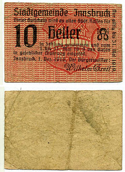 Инсбрук, Австрия 10 геллеров 1918-1919 нотгельд, земля Тироль бумага 2193-23-3-2