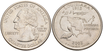 США 25 центов = квотер 2002 D, серия штаты США, Луизиана KM 333 медь плакированный медно-никелем 4114-146