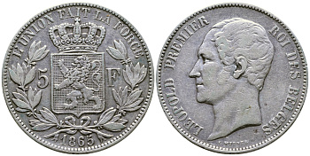 Бельгия 5 франков 1865 Леопольд I (1831-1865) KM 17 серебро 00-1067-6-13