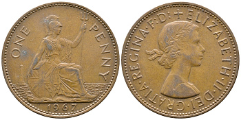 Великобритания 1 пенни 1967 Елизавета II (1952-2022) KM 897, Spink 4157 бронза 4364-4245