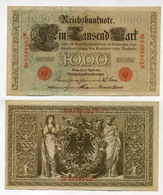 Германия 1000 марок 1910 красная печать, 7 значный номер Pick 44 b  бумага   8610-46-1-1