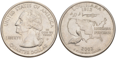 США 25 центов = квотер 2002 D, серия штаты США, Луизиана KM 333 медь плакированный медно-никелем 4114-146