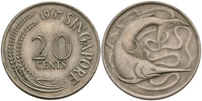 Сингапур 20 центов 1967 голубой марлин, тунец KM 4 медно-никель 4156-447