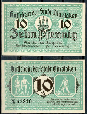 Германия, Динслакен 10 пфеннигов 1920 нотгельд, 1.8.1920 Tieste 1395/01 бумага UNC (пресс) 8614-45-1-2