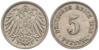 Германия 5 пфеннигов 1913 A, KM 11, J. 12 медно-никель 220-711