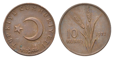 Турция 10 курушей 1972 KM 891.2 бронза UNC 4675-651