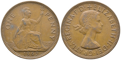 Великобритания 1 пенни 1967 Елизавета II (1952-2022) KM 897, Spink 4157 бронза 4364-4245