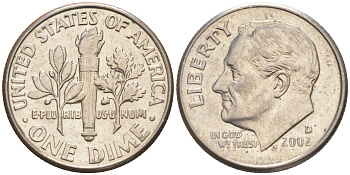 США 10 ЦЕНТОВ = 1 ДАЙМ 2002 D, РУЗВЕЛЬТ KM 195a медь плакированная медно-никелем UNC 187-1123