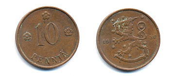 Финляндия 10 пенни 1936 республика (1918-1962) KM 24 медь 51-5527