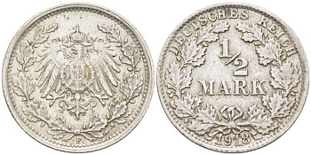ГЕРМАНИЯ 1/2 МАРКИ 1918 F KM 17, J. 16 серебро 175-147