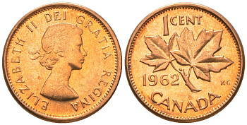 Канада 1 цент 1962 Елизавета II (1952-2022), кленовый лист, из ролика KM 49 бронза  UNC  M58-17