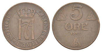 Норвегия 5 эре 1922 Хокон VII (1905-1957) KM 368 бронза 4654-731