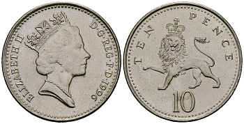 Великобритания 10 пенсов 1996 Елизавета II (1952-2022) KM 938b, Spink 4367 (F4) медно-никель 4545-945