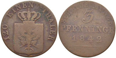 ПРУССИЯ 3 ПФЕННИГА 1842 ФРИДРИХ ВИЛЬГЕЛЬМ (1840-1861) KM 432 медь 117-144