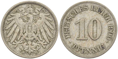 ГЕРМАНИЯ 10 ПФЕННИГОВ 1900 E KM 12, J. 13 медно-никель 4401-1215