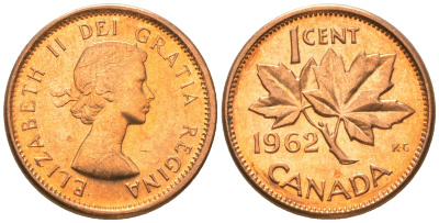 Канада 1 цент 1962 Елизавета II (1952-2022), кленовый лист, из ролика KM 49 бронза  UNC  M58-17