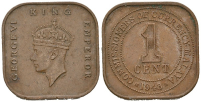 Британская Малайя 1 цент 1943 Георг VI (1936-1952) KM 6 бронза 4579-811