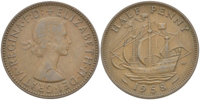 Великобритания 1/2 пенни 1958 Елизавета II (1952-2022) KM 896, Spink 4158 бронза 117-821