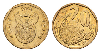ЮАР 20 центов 2004 герб, цветок протея KM 328 сталь плакированная бронзой UNC 4687-557