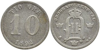 Швеция 10 эре 1892 EB, Оскар II (1872-1907) король Швеции и Норвегии KM 755 серебро 1530-541